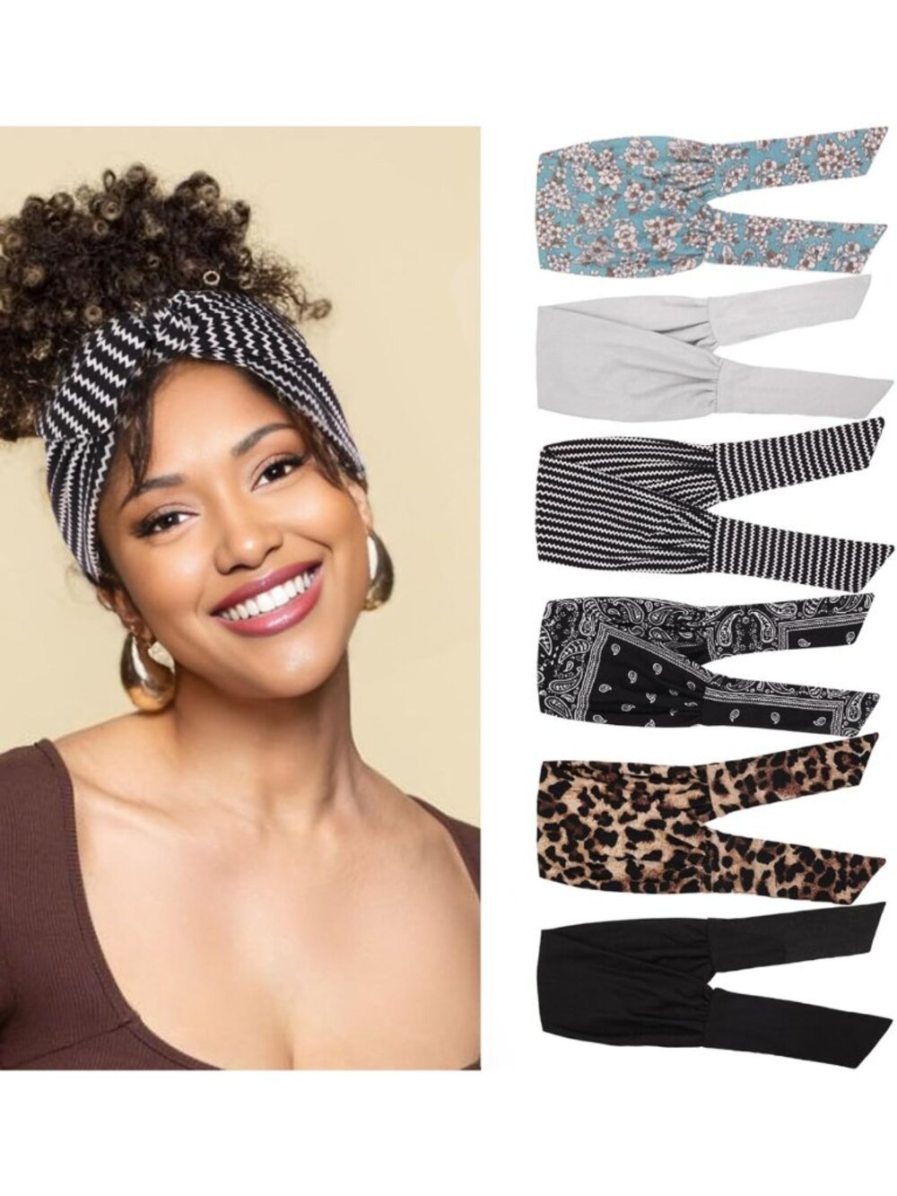 6 Adjustable Boho Headbands for Women - Elastic Wide Hair Accessories for Yoga